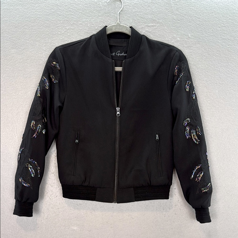 Robert Graham - women’s Bomber black Jacket embroidered & beaded feathers‎ SZ XS
